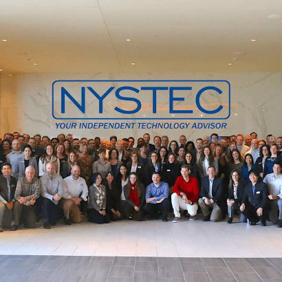 Posed NYSTEC employees at the conclusion of a company annual meeting.